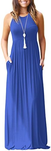 HaiCoo Blue Summer Sheer Tank Sleeveless Tunic Plain Maxi Casual Long Dress With Pocket