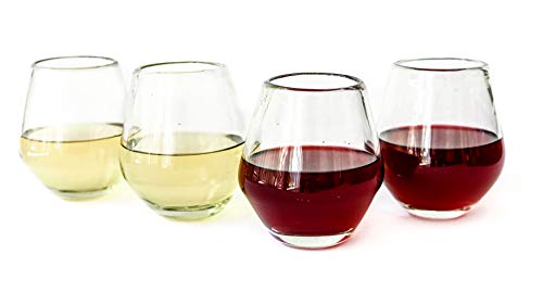 Unique Mexican Artisan Hand Blown Large Drinking Glasses for Red Wine Lovers, Popular Couples Wedding, Hostess Glassware Gift Idea Set of 4 Stem Less Recycled Lead Free Glass Cup 16 Oz