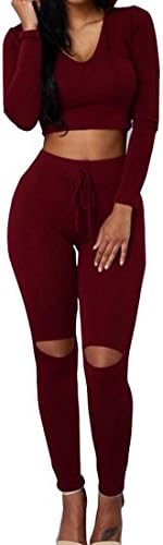 MU2M Women's V-neck Long Sleeve Hooded Crop Tops Jogger Pants 2 Piece Outfit Wine Red US M