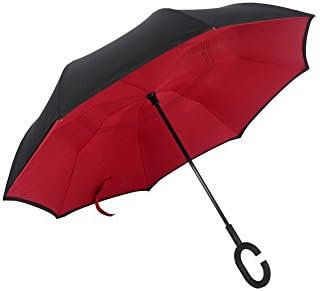 Inverted Umbrella , Comflife Windproof Double Layer, Creative Car Reverse Umbrella With C-shape Hands-free Handle (Black Red)