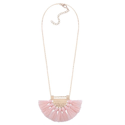 Tassel Pendant Necklace,Haluoo Bohemia Gold Plated Pendant Silky Fringe Tassle Necklace Women Geometric Sector Pendant Necklace Girls Gold Plated Long Sweater Chain Necklace Boho Jewelry (Light Pink)