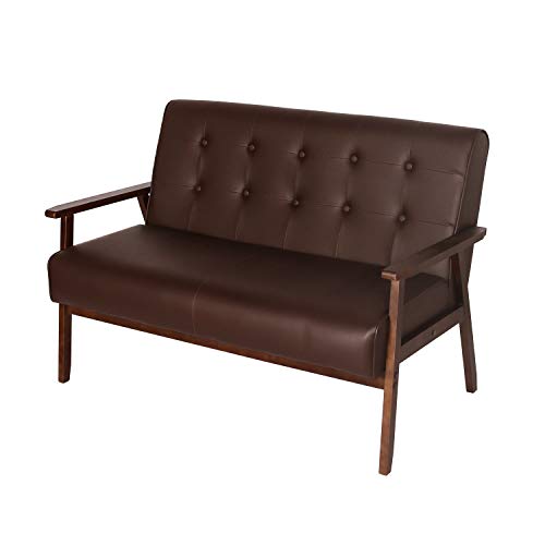 MidCentury Modern Faux Leather Solid Arm Loveseats Sofa Retro Armrest Loveseat Couch