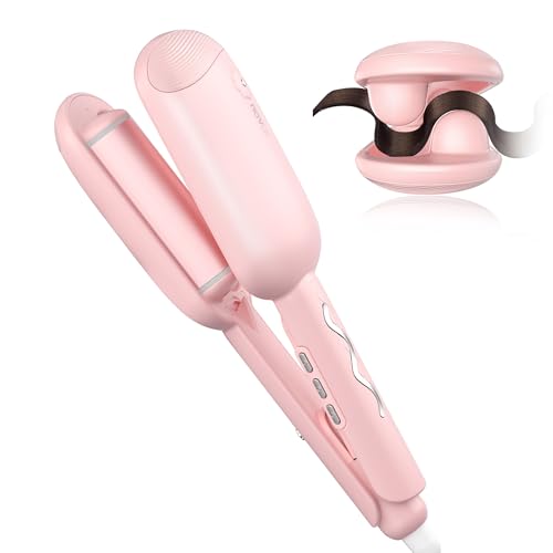 NOVUS Waver Curling Iron, Beach Waves Curling Wand, Ionic Hair Waver with Anti-Scald Hair Crimper, Easy to Use, 2 Barrel Hair Crimper for All Hair Types Women, Pink, 1.25 Inch