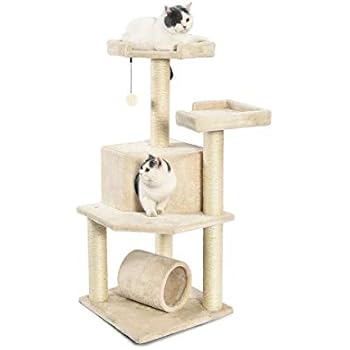AmazonBasics Cat Tree Tower with Tunnel And Scratching Post - 19 x 19 x 43 Inches, Beige