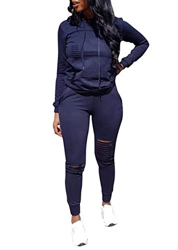 Women Casual Ripped Hole Pullover Hoodie Sweatpants 2 Piece Sport Jumpsuits Outfits Set (Navy, XXXL) - Thumbnail 6