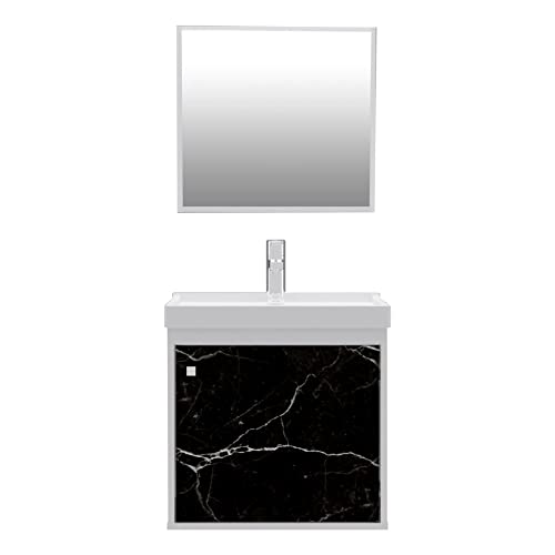 RIVERZZA Gabinete com Cuba de Banheiro 100% MDF Branco Marmorizado Preto - Veneto