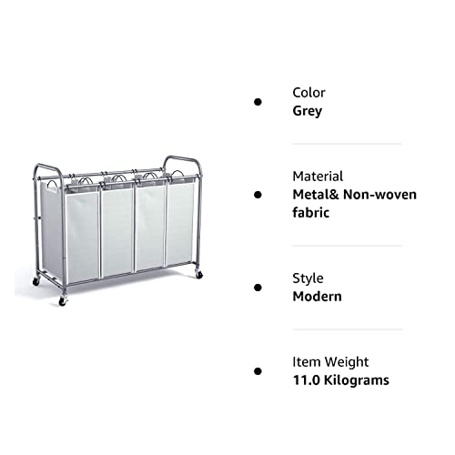 Laundry Sorter Hamper With Wheels – 4 Sections, Removable Bags, Lockable Casters, Holds 25 Lbs Per Bag, Grey