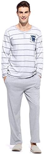 HACAI Men's Pajamas Set Cotton Stripe Long Sleeve Sleepwear-Grey XL