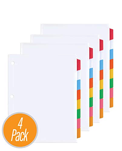 3 Ring Binder Dividers with 8 Color Tabs, Laminated Write-On Erasable Tabs, Tear Resistant Reinforced Binding Edge - 8.5" x 11" Letter Sized - 4-Pack