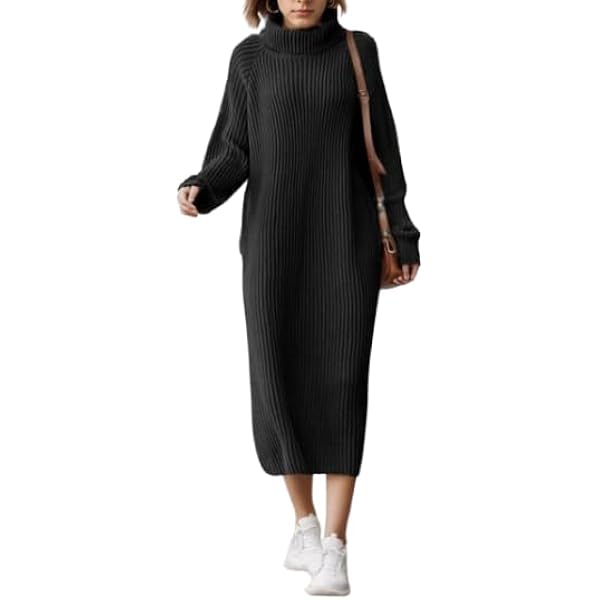 Womens Sweaters Dress Ribbed Knitted Turtleneck Long Sleeve Casual Loose  Long Pullover Midi Fall Winter Dresses 2024 (Black, S) at Amazon Women's  Clothing store