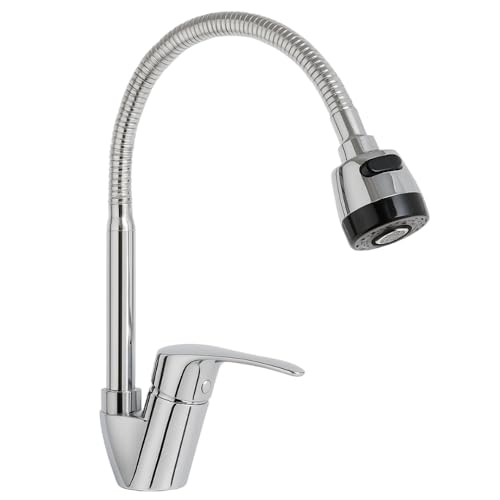 Grifo mezclador alto para lavabo y fregadero de cocina giratorio a 360° | Grifo cromado de acero inoxidable con chorro ajustable
