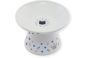 猫壱 Necoichi Raised Cat Food Bowl – Ceramic Elevated Cat Bowl for Whisker & Neck Fatigue, Dishwasher Microwave Safe – Non-Slip & Anti Vomiting Ergonomic Design (Colorful Dots, Extra Wide, 2-Cups Capacity)