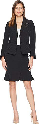 Tahari ASL Women's Peak Lapel Two-Button Besom Pocket Flutter Sleeve Skirt Suit Breast Pin Black/White 12