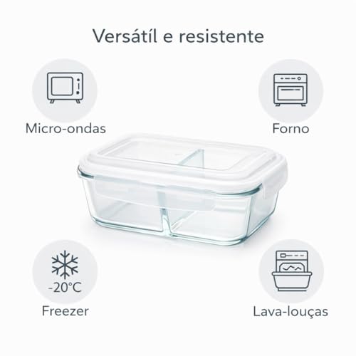 Kit com 5 Marmitas de Vidro com Divisória 1040ml - Potes Herméticos com Tampa e 2 Compartimentos - Ideal para Meal Prep Fitness - Vai ao Microondas, Forno e Freezer