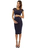 PattyBoutik Mama Crewneck Crochet Lace Inset Ruched Sheath Dress (Navy Blue S)