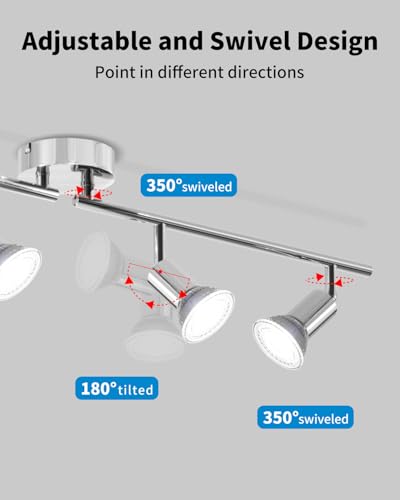 LVWIT Ceiling Lamp Spotlights with 4 Rotating GU10 Bulbs, Adjustable Chrome Interior Wall Lamp, LED Interior Ceiling Lighting for Bedroom, Hallway Kitchen (No Bulbs).