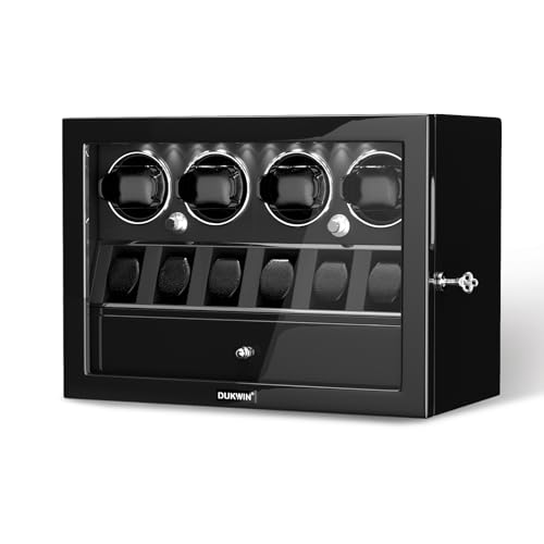 DUKWIN Watch Winder for 2/4/6/8 Automatic Watches with Key Lock, 3/6 Extra Watch Storages,4 Rotation Modes, LED Light, Super Quiet Motor, Spring Watch Pillows for Men＆Women
