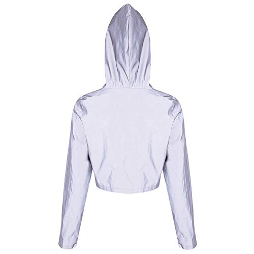 Crop Top Flash Reflective Women Jacket Casual Hoodies Fashion Streetwear 2019 Autumn Winter Female Zipper Sweatshirt(White, L)