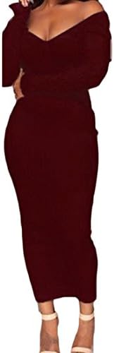 LinkShow Women's Solid Strapless Modern Knit Long-Sleeved Tunic Top Dress Wine Red M