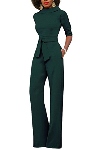 KISSMODA Womens Elegant Wide Leg Work Jumpsuits Long Fitted Romper Pants Half Sleeve with Belt (XX-Large, B-Green)