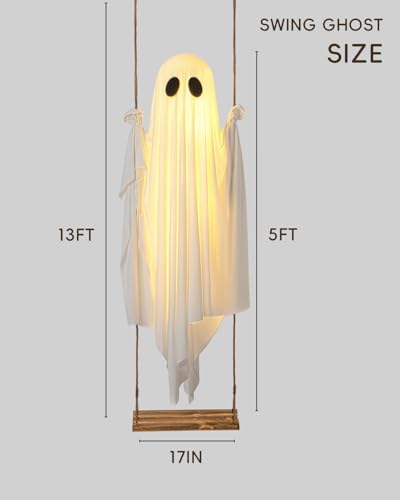 MERKYO Halloween Decorations Outdoor - 5 FT Large Hanging Swing Ghost Halloween Decor with String Lights, Spooky Cute Ghosts Decorations for Front Porch Yard Tree