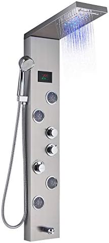 Senlesen Brushed Nickel LED Light Rainfall Waterfall Shower Panel Tower Rain Massage System Faucet with Jets & Hand Shower Stainless Steel