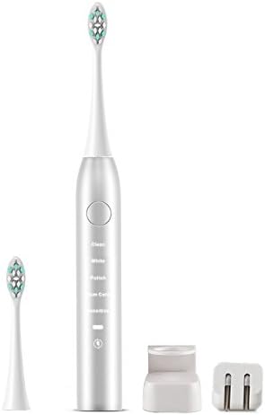 Electric Toothbrush,Rechargeable Waterproof Electronic Sonic Toothbrush 15 Brushing Modes with 2 Brush Heads, Charging Base, Power Adapter - Silver