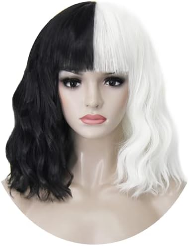 Shecool Cruella Le Costume Women Wig Black And White Cosplay Wig 13 Short Curly Wavy Colored Bob Hair Wig With Bangs For Women Halloween Christmas Party Sl003bw Price In Saudi Arabia