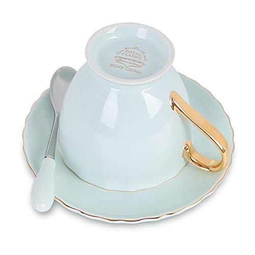 ARTVIGOR 12-Piece Silver Rimmed Coffee Tea Set fo with Saucers and Spoons New Bone China 6.8oz Teacups, 14.6 x 14 x 4.1 inches Blue