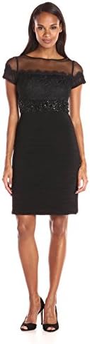 JS Boutique Women's Short Rouched Jersey Dress with Mesh Lace Bodice and Beaded Waist, Black, 12