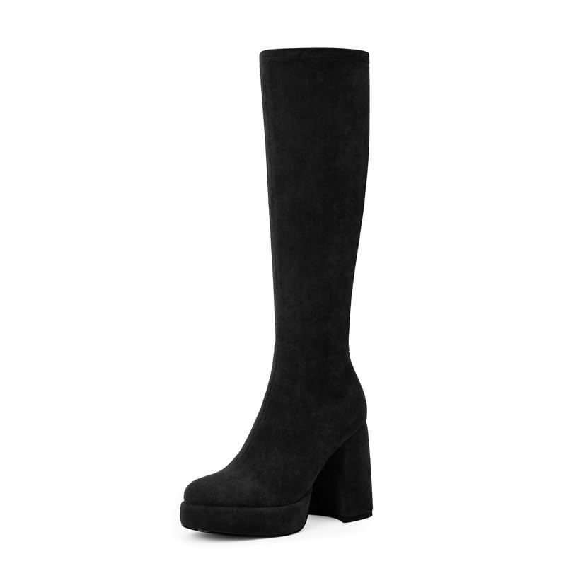 Modatope Womens Platform Boots Knee High Chunky Heel Black Suede Boots ...