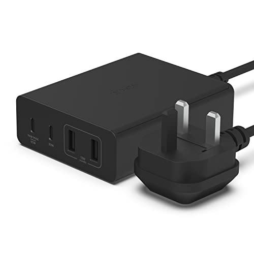 Belkin 108W GaN USB Ladestation für mehrere Geräte, 2 USB Typ C und 2 USB A Fast Desktop Charger Dock Hub für MacBook, Pro, Air, iPhone, Plus, Pro, Ma