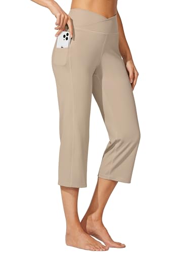 Willit Women's Yoga Capris Pants High Waist Leggings Crossover Straight Leg Athletic Exercise Workout Crop Capris 21" Khaki XL at Amazon
