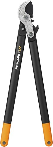 Fiskars PowerGear Amboss-Getriebeastschere für trockene Zweige und Äste, Schneide und stumpfes Gegenstück, Antihaftbeschichtet, Gehärteter Präzisionsstahl, Länge: 69 cm, Schwarz/Orange, L77, 1000583