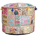 Aakriti Gallery Indian Pouf Footstool Ethnic Embroidered Pouf Cover, Indian Cotton Round Pouffe Ottoman Pouf Cover Pillow Ethnic Decor Art - Cover Only (18x13inch) (Beige)