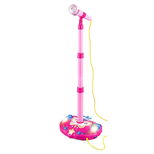 Early Education Single Microphone Karaoke Singing Musical Toy for Children - Adjustable Holder with Flashing Connect to Mobile Phone Stage Lighting and Pedals