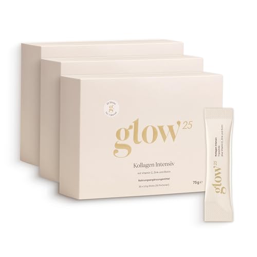 Glow25® Kollagen Intensiv [3x 30 Sticks] – mit Tripeptiden, Vitamin C, Zink und Biotin – Premium Marine Collagen Hydrolysat – Peptide Typ 1 und 3 – Gu