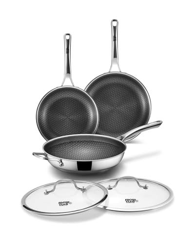 SNOWCLAD Wok 30 cm & Frying Pan 24+28 cm, Hybrid Wok Non Stick and Frying Pan Set, Stainless Steel Non-Stick Pan with Lid, Suitable for All Hob Types, PFOA Free