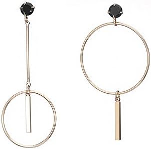 BIRSTONE Asymmetric Round Bar Crystal Fish Hook Dangle Earrings,Gold