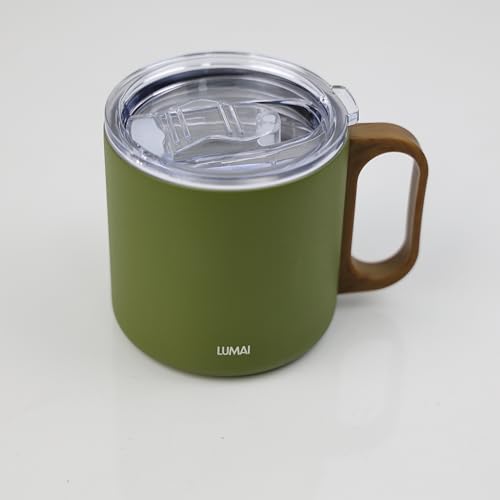 LUMAI Caneca Térmica 350ml Inox com Tampa Antivazamento Premium - Verde | Caneca de Café Caraíva, Aço Inox 304, Parede Dupla com Isolamento Térmico, Alça Estilo Madeira, Bebidas Quentes ou Frias