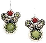 'Enchanted Forest' Soutache Drop Earrings with Serpentine, Red Agate and Cultured Freshwater Pearls. Red Green Dangle Earrings. Free shipping Canada &amp; USA