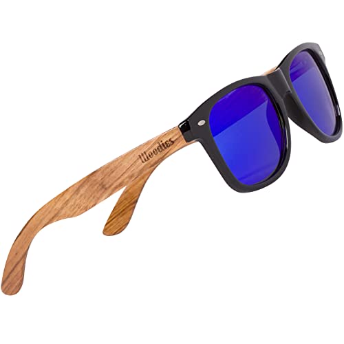 Woodies Zebra Wood Sunglasses with Mirrored Polarized Lens and Wooden Frame for Men and Women | 100% UVA/UVB Protection