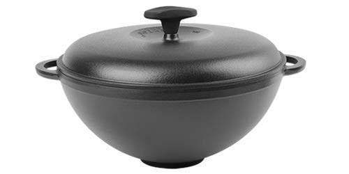 SYTON Enameled Cast Iron Shallow Wok with Lid 5.5L - Caston Iron Viking Wok Handle Sleeve - Mini Wok
