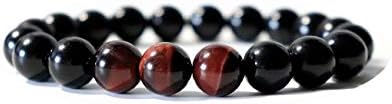 Bead Bracelet Mens Black Onyx Agate Beads Natural Red Tiger Eye Stone Yoga Gemstone Healing Crystal Unisex Men Women Bracelet, Elastic, 10mm,20cm