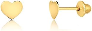 14k Solid Yellow Gold Heart Shaped Safety Stopper Stud Earrings for Little Girls, Babies, and Infants