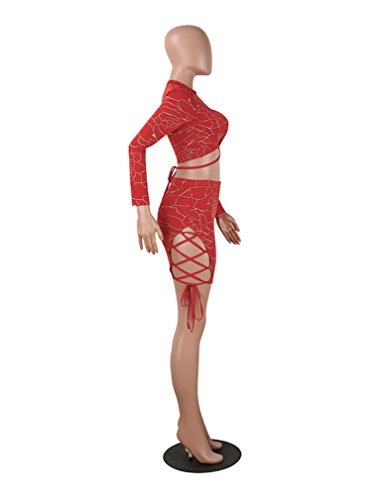 Halfword Womens Two Piece Lace Up Bodycon Crop Top Mini Skirt Sets Club Outfits Red S