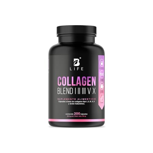 Colágeno Hidrolizado Tipo I, II, III, V y X | 200 Cápsulas 1000 mg por porción | Adicionado con Vitamina C y Ácido Hialurónico. Collagen Blend I, II, III, V X. B Life