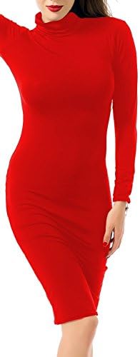 Womens Long Sleeve Stretch Turtleneck Fitted Bodycon Midi Dress (XXL, Red)