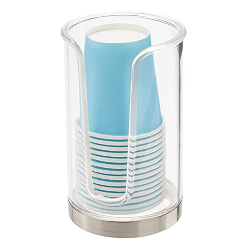 mDesign Paper Cup Dispenser for 14 Disposable Cups – Practical Bathroom Cup Holder Made of Plastic – Mouthwash Cup Holder for Optimal Oral Hygiene – Clear/Brushed Silver