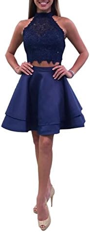NewFex Halter Homecoming Dress Knee LNG Backless Lace Satin Formal Cocktail Gown Navy Blue 16